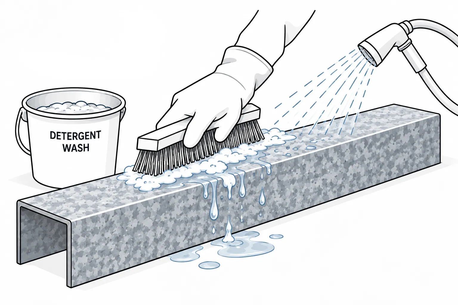 Step 1: Clean the Surface
Before anything else, remove all oil, grease and dirt from the galvanised surface, since even a light film will stop a pre-treatment or paint from bonding properly. Use a detergent wash rather than a solvent that could leave its own residue, and rinse thoroughly with clean water afterwards. If the steel has picked up wet storage staining, the white, powdery deposit that can form on galvanising stacked while damp, scrub it off with a stiff brush rather than painting over it. The surface needs to be fully dry before you move on to pre-treatment.