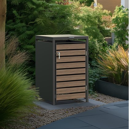 Ecoscape - Single Bin Storage With Lid - Woodgrain & Charcoal