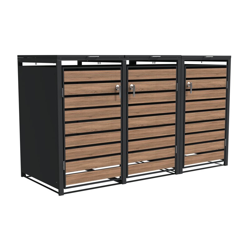 Ecoscape Ecoscape - Triple Bin Storage With Lid - Woodgrain & Charcoal