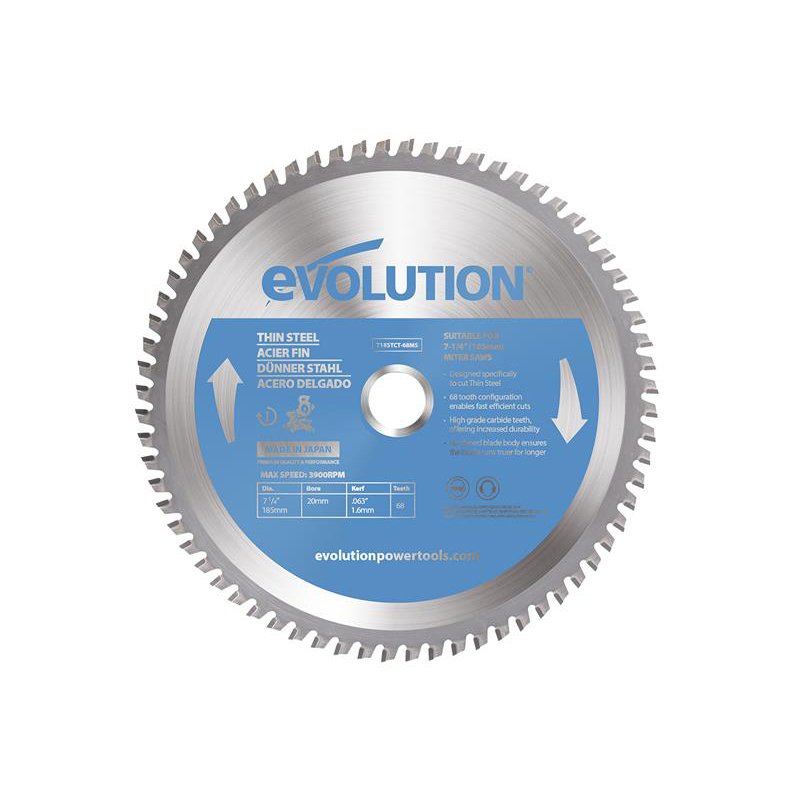 Evolution - Thin Steel Cutting Mitre Saw Blade 185 x 20mm x 68T