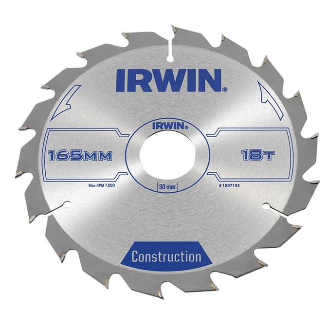 165 x 30mm x 18T ATB IRWIN - Corded Construction Circular Saw Blade, ATB